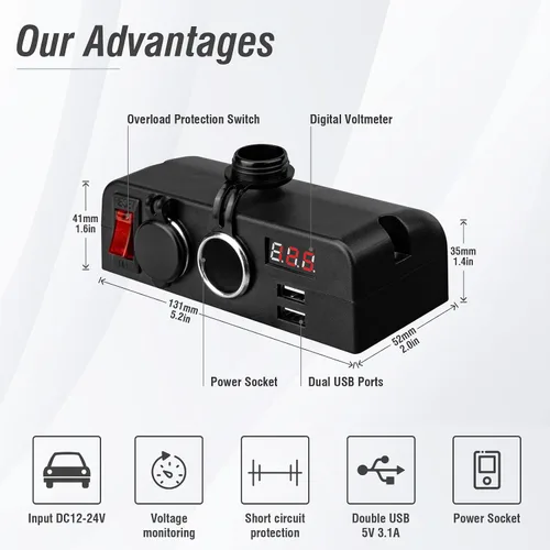 Vista 2 de BlueFire Cargador de enchufe USB doble, adaptador divisor de encendedor de cigarrillos con voltímetro LED, interruptores de encendido/apagado