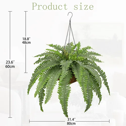 Vista 2 de Plantas colgantes falsas grandes de helecho boston, plantas artificiales para exteriores, helechos falsos realistas con cesta de palmera, plantas