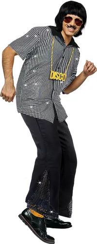 Vista 4 de 6 piezas de disfraz de discoteca de los años 70 retro de los años 80, pantalones acampanados, camisas de manga corta, pelucas, collar, bigote
