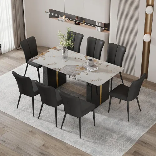 Vista 26 de Mesa de comedor moderna para mesa de comedor de mármol sintético blanco de 6, 8, 71 pulgadas, con patas negras y doradas, mesa de cocina rectangular