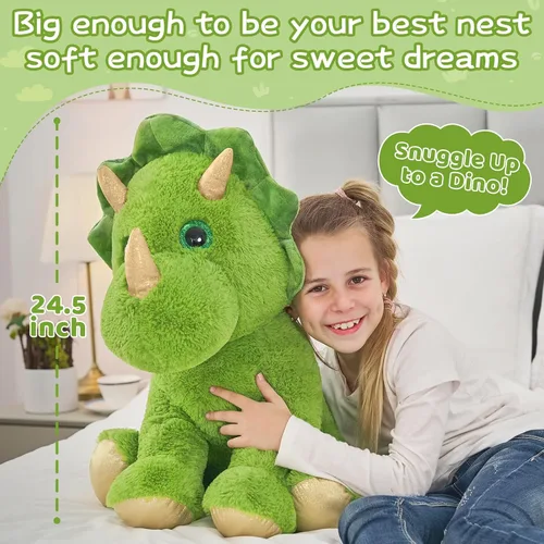 Vista 2 de Muiteiur Triceratops - Animal de peluche gigante de dinosaurio para mamá con 3 bebés pequeños, juguete de dinosaurio de felpa suave verde, regalo