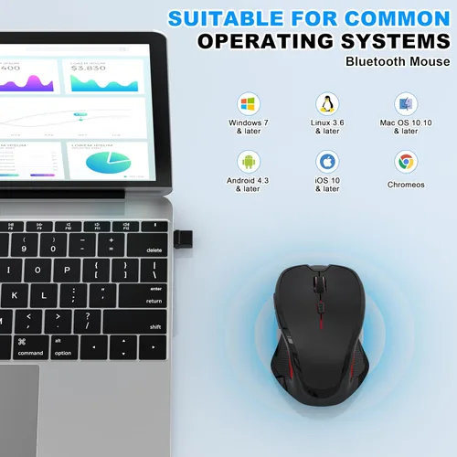 Vista 9 de Ratón inalámbrico Bluetooth para MacBook, laptop, iPad Air/Pro, mouse óptico silencioso recargable con Jiggler, modo dual Bluetooth 5.2/3.0 y 2.4G
