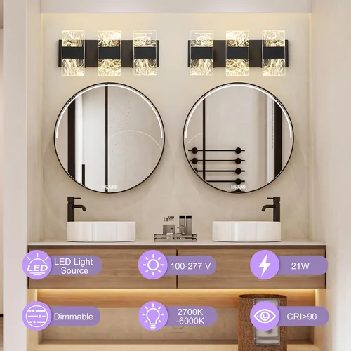 Vista 2 de Luminarias LED Modernas para Baño Regulables, Luz de Tocador Negra de 3 Luces, Luminaria de Iluminación Ajustable 5CCT Luces de Tocador Sobre
