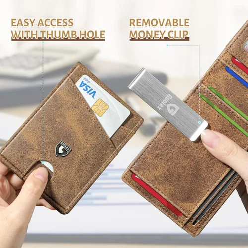 Vista 44 de GSOIAX Cartera delgada de cuero plegable RFID para hombre, billetera minimalista con bolsillo frontal con clip para dinero, 12 ranuras para Negro