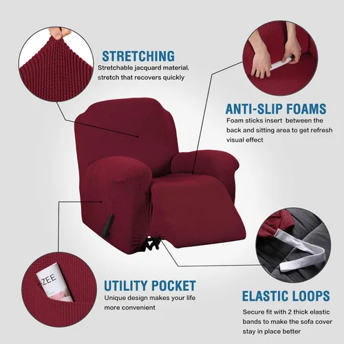 Vista 5 de H.VERSAILTEX Funda elástica para sofá de 3 cojines, paquete de fundas elásticas para sillón reclinable de 1 pieza, color borgoña