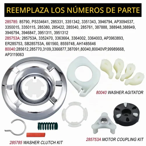 Vista 4 de Kit de acoplamiento de motor resistente 285753A, kit de embrague de lavadora 285785, perro agitador de lavadora 80040 de Seentech - Compatible