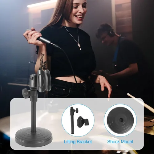 Vista 4 de Soporte de micrófono de escritorio ajustable con placa base estable, soporte de micrófono portátil para podcasting transmisión en vivo de radio
