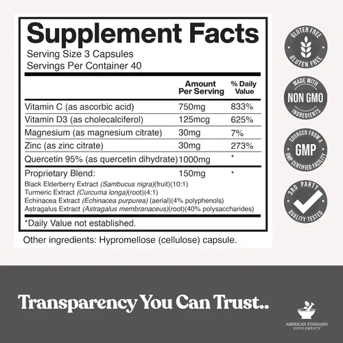 Vista 2 de American Standard Supplements Quercetina 1000 mg por porción con zinc, vitamina C, vitamina D3, magnesio, saúco, equinácea, cúrcuma, astrágalo, sin
