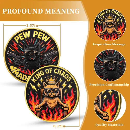 Vista 3 de Pew Pew Cat Challenge Coin – Rey del Caos Gato genial con corona Medallón único con diseño de fuego y relámpago Regalo divertido