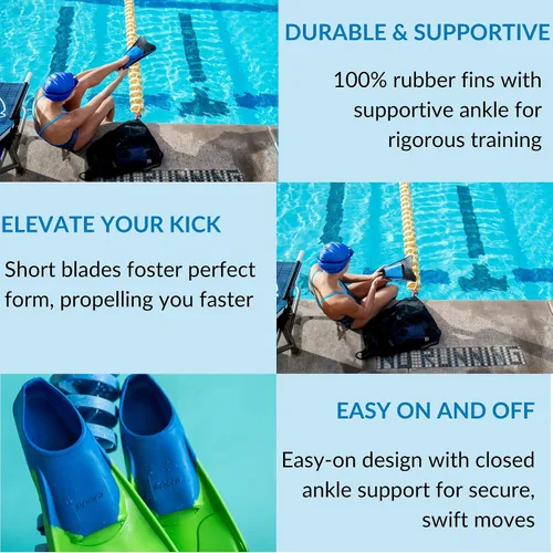 Vista 4 de Sporti Aletas de natación cortas para adultos y niños para natación en piscina, aletas flotantes para natación y snorkel, aletas de natación