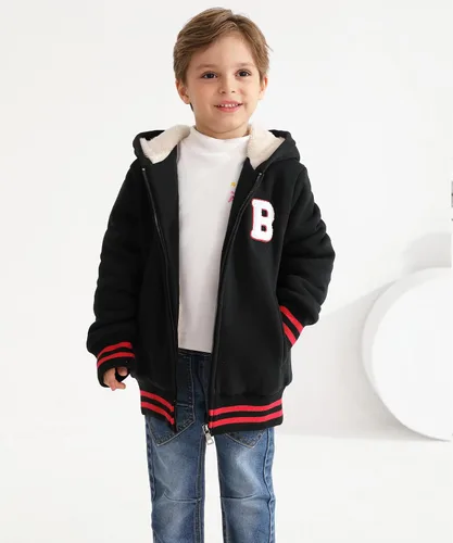 Vista 2 de Bumeex Chaqueta con forro polar Sherpa para niños y niñas, para primavera, otoño, invierno, con cremallera, sudadera con capucha de 2 a 14 años Negro