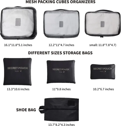 Vista 2 de Lcsmaokin Juego de 7 cubos de embalaje, organizadores esenciales de equipaje de viaje para accesorios de viaje con una bolsa de zapatos, color negro