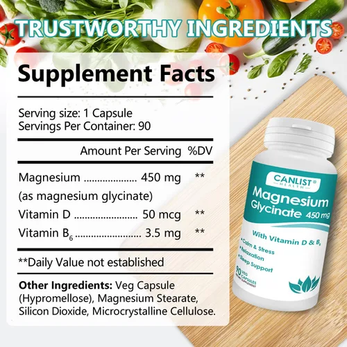 Vista 2 de CANLIST Suplementos de glicinato de magnesio de 450 mg para la salud ósea y muscular, apoya el sueño profundo, relajación muscular y alivio