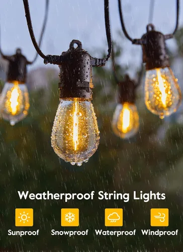 Vista 3 de Minetom Tira de luces solares de 34 pies para exteriores con control remoto, luces de patio con 10 bombillas LED inastillables y ganchos, enchufe