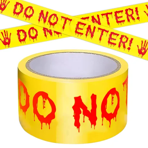Vista 8 de Cinta de precaución para decoración de Halloween, HAUNTED KEEP OUT rollo de precaución sangriento blanco de escena del crimen de 2 pulgadas x 82