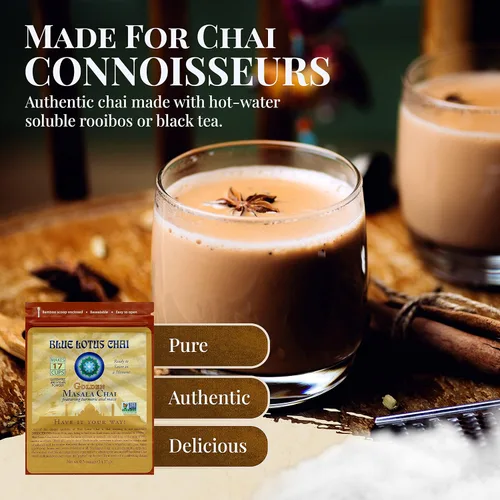 Vista 2 de Blue Lotus Chai - Golden Masala Flavor Chai - Hace 17 tazas - 0.5 onzas Masala Spiced Chai Powder con especias orgánicas - Té indio instantáneo sin