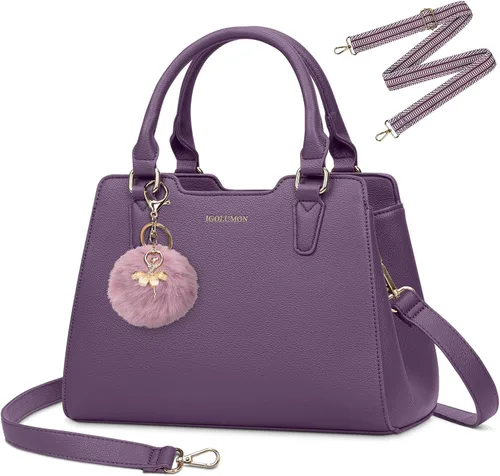 Vista 10 de IGOLUMON Bolso de mujer con asa superior de cuero vegano sintético Satchel Monedero para mujer Bolso de mano de diseñador con lindo pompón