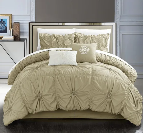 Vista 2 de Chic Home Juego de edredón de color gris topo, tamaño King (6 piezas), Halpert - Ropa de cama de microfibra plisada con diseño de pintuck, fundas