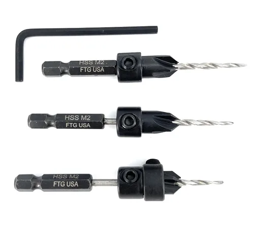 Vista 2 de FTG USA Juego de 3 brocas avellanadoras ajustables para madera #4 (7/64 pulgadas) con broca cónica para carpintería