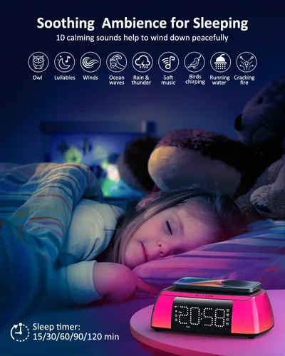 Vista 4 de Reloj despertador con carga inalámbrica, reloj despertador digital fuerte con máquina de sonido, luz nocturna, altavoz Bluetooth, estación de carga