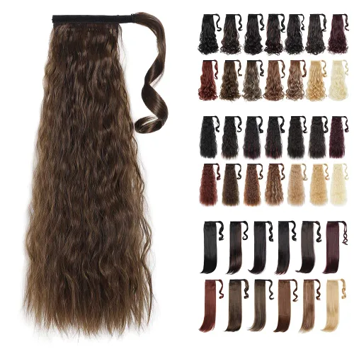 Vista 34 de Extensiones de cabello para cola de caballo, extensión de cola de caballo roja de 16 pulgadas, corta, ondulada, rizada, envolvente, cola de caballo
