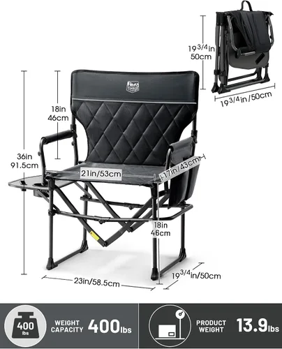 Vista 3 de TIMBER RIDGE Silla de camping resistente con tamaño compacto, silla de directores portátil con mesa auxiliar y bolsillo para camping, césped