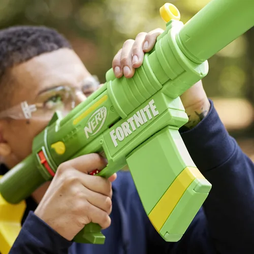 Vista 5 de Lanzador Nerf Fortnite SMG-Zesty, 10 dardos Nerf Elite, clip de 10 dardos, culata y cañón removibles, regalos de Fortnite para niños y niñas