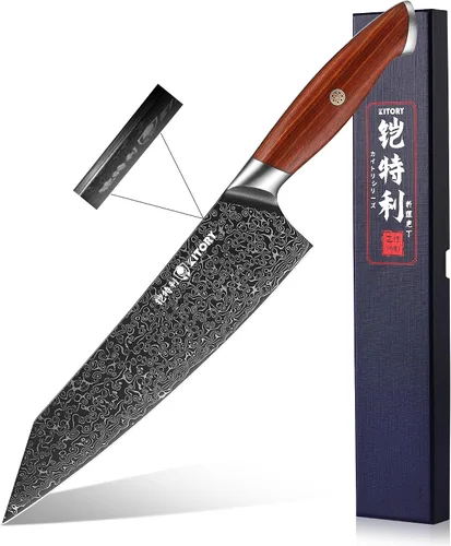 Vista 7 de Cuchillo Santoku de Damasco de 73 capas, 10Cr15CoMoV HC núcleo de corte, estilo japonés Premier Kitchen Chefs Gadget w/t caja de regalo D1santoku