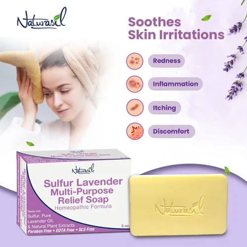 Vista 3 de Azufre lavanda Jabón por Naturasil 4 oz Itchy Skin, Bug Bites & Blemishes Naturally Derived Oils Gentle Daily Cleansing for Adults & Children