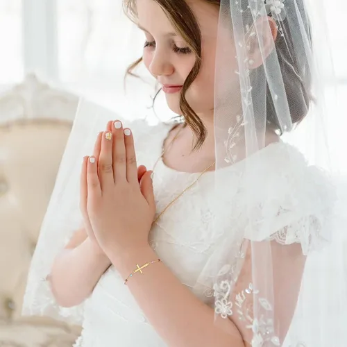 Vista 3 de Pulsera de cruz católica de la Virgen María para niñas y mujeres, pulsera de cuentas de rosario, primera comunión, confirmación, bautismo, madrina