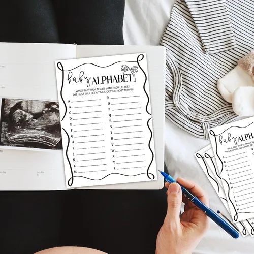 Vista 6 de Juegos del alfabeto del bebé, tarjetas divertidas de juegos de baby shower, 25 tarjetas de género neutro, kit de suministros para fiesta