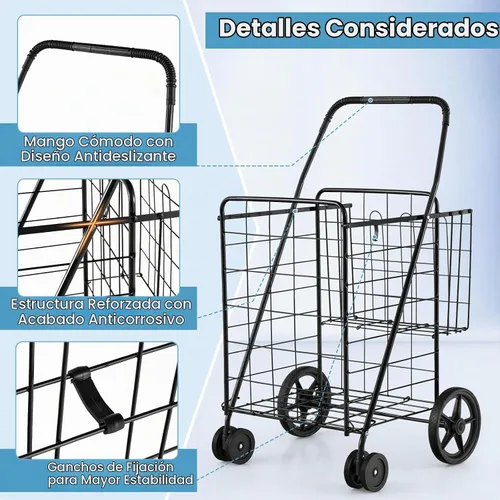Vista 4 de COSTWAY Carrito de compras plegable, carrito de comestibles de metal con cesta adicional Ruedas delanteras giratorias de 360° y mango cómodo, Negro