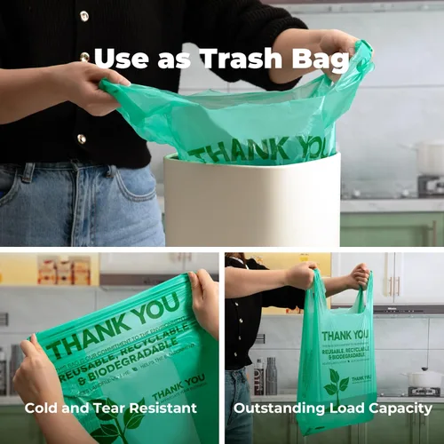 Vista 6 de FMP Brands Bolsas de plástico biodegradables ecológicas – 100 unidades con asas, bolsas de compras para camisetas de agradecimiento a granel