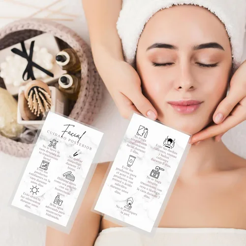 Vista 6 de Tarjeta de cuidado posterior facial español, paquete de 50, tarjeta de visita de 2 x 3.5 pulgadas, suministros faciales, para clientes