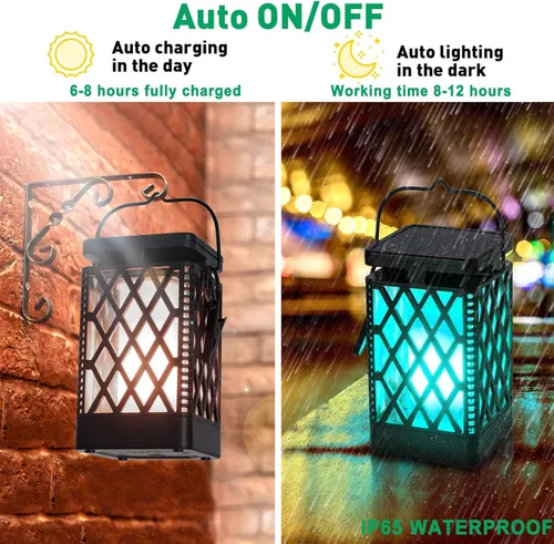 Vista 4 de Faroles solares colgantes que cambian de color y fijas, 9 modos, impermeables, luces colgantes para exteriores, llama parpadeante, linternas