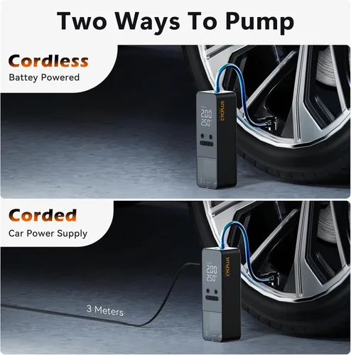 Vista 6 de CYCPLUS Inflador de Neumáticos Compresor de Aire Portátil - Bomba de Aire Inalámbrica de 150 PSI con Medidor Digital de Presión de Neumáticos
