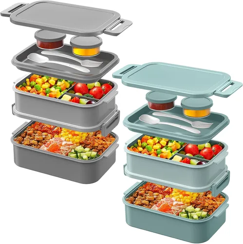 Vista 7 de DaCool Lonchera Bento para adultos, caja Bento de 74 onzas, contenedor apilable todo en uno para adultos, caja Bento grande con tenedor, cuchara