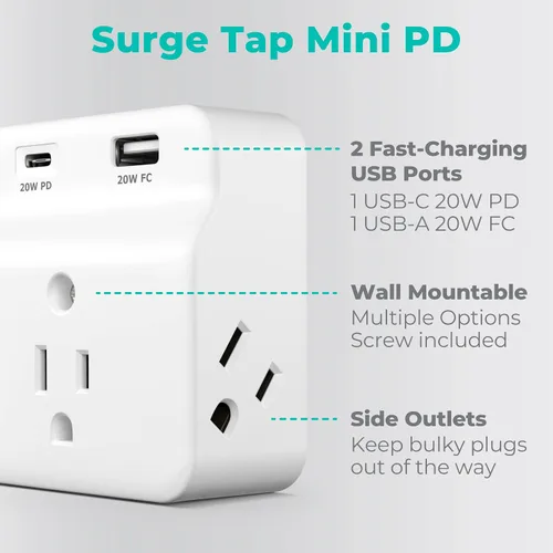 Vista 2 de KMC Protector de sobretensiones USB-C PD de 3 tomacorrientes, cargador de entrega de energía USB-C y puerto de carga rápida USB-A, protección contra