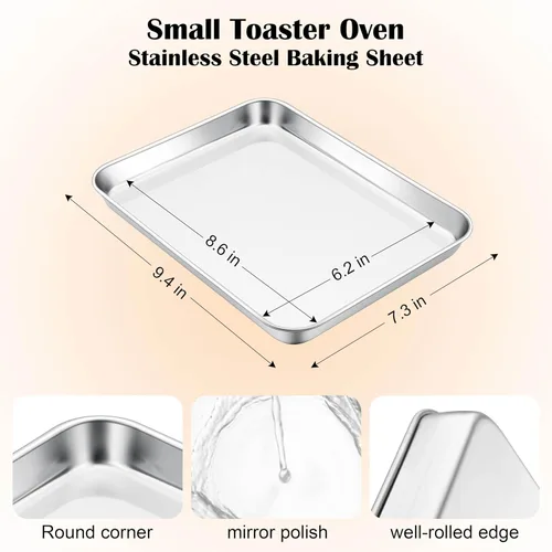 Vista 2 de E-far Mini bandeja para horno tostador, bandeja para hornear galletas de acero inoxidable de 9.4 x 7.3 pulgadas, bandeja pequeña de metal no tóxico