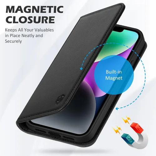 Vista 7 de SHIELDON Funda para iPhone 14 de 6.1", Funda tipo cartera de cuero genuino [Cierre magnético] [Ranuras para tarjetas con bloqueo RFID] [Soporte]