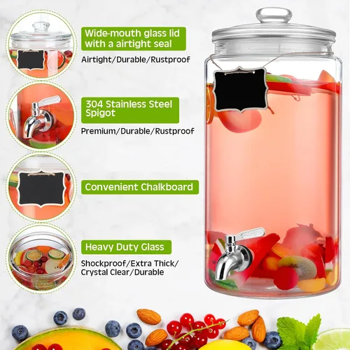 Vista 4 de Bokon Dispensador de bebidas de vidrio de 2 galones para fiestas, dispensador de bebidas con espita de acero inoxidable y pizarra para frasco
