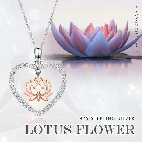 Vista 5 de CRWENG Collares de loto para mujer, plata de ley 925, collar con colgante de corazón floral de loto, joyería de circonita cúbica natural, regalos