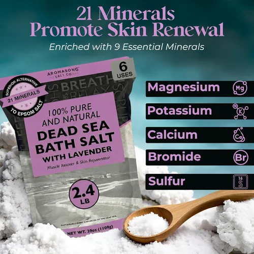 Vista 3 de Aromasong Sal pura del mar muerto para remojar con lavanda 100% natural, 2.43 libras, sal de baño de spa de grano fino, exfoliante de lavado
