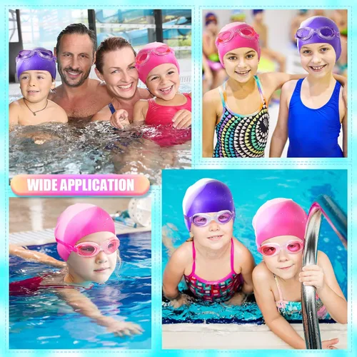 Vista 5 de 8 Pack Kids Swim Caps for Girls, Silicone Swimming Cap for Age 6-14 with Goggles Ear Plug Nose Clip for Children Boys Girls