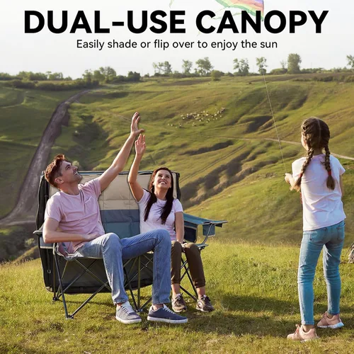 Vista 8 de Silla de playa doble con toldo, silla de camping con toldo, silla de campamento doble de gran tamaño con dosel, silla plegable de dos plazas con dos