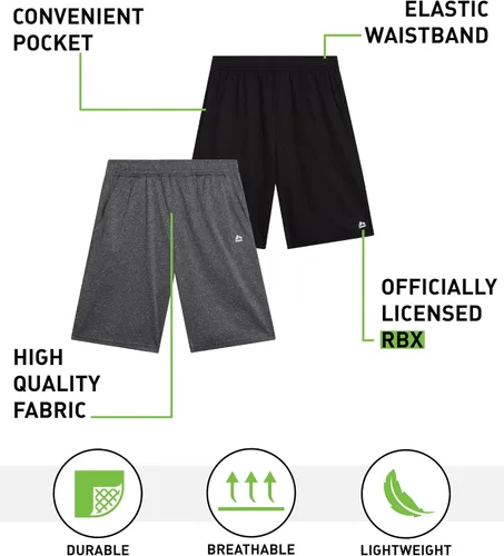 Vista 2 de RBX Pantalones cortos deportivos para niños, paquete de 2 pantalones cortos transpirables de poliéster con bolsillos, pantalones cortos activos