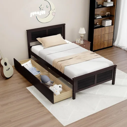 Vista 9 de Giantex Cama individual de madera con 2 cajones de almacenamiento, plataforma de madera maciza con cabecero, base de colchón de soporte de listones