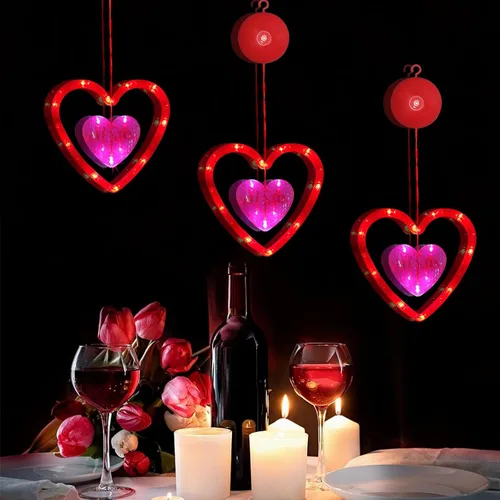 Vista 4 de Decoraciones de San Valentín, paquete de 3 luces de ventana de San Valentín, funciona con pilas, luces de corazón rojo y rosa con gancho de ventosa