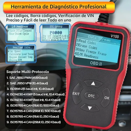 Vista 9 de Herramienta de diagnóstico de diagnóstico V100 OBD2, lector de código, herramienta de diagnóstico de luz del motor, probador de voltaje de batería