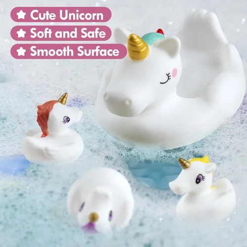 Vista 5 de Juguetes de baño sin agujeros, juguetes de baño de unicornio para niños pequeños de 1 a 3 años, juguetes de baño de unicornio suave para niños